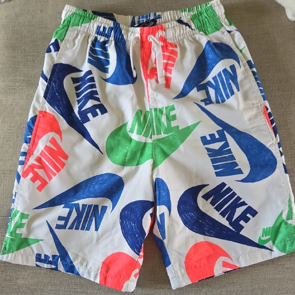 Nike White and Blue Swim Trunks with Iconic Swoosh